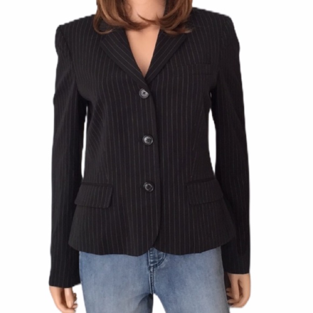 Ralph Lauren Chaps Black Pinstripe Blazer Tailored Jacket Size 8 - Picture 2 of 9